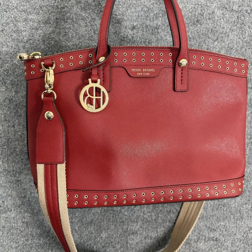 Henri Bendel West 57th Saffiano Leather Crossbody Satchel Bag in Red Studded